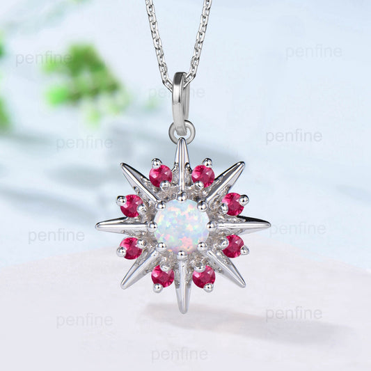 Vintage Moon Opal Amethyst Pendant Necklace Unique Sunflower Fire Opal Ruby Pendant Alternative Cute Branch Necklace For Women - PENFINE