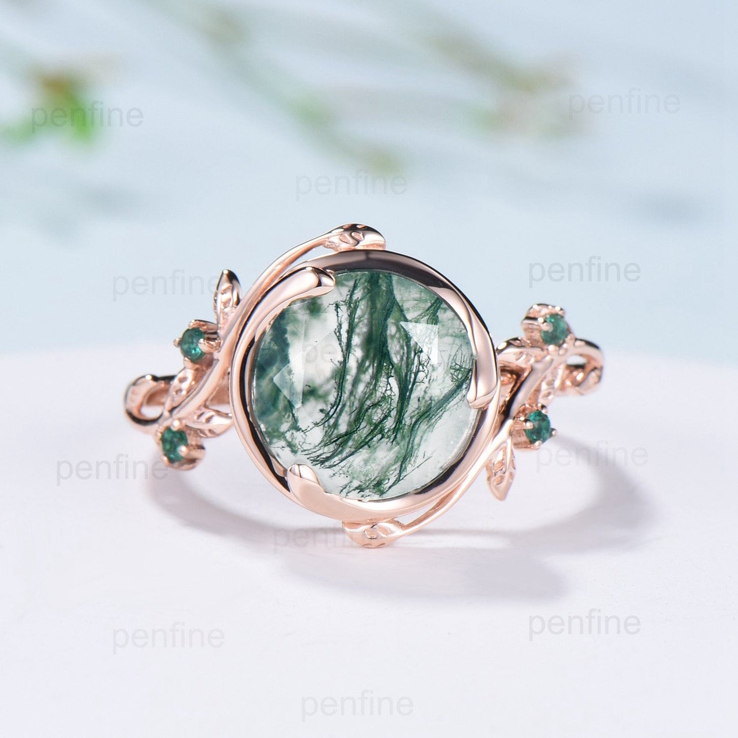 Elegant 10mm Round Cut Moss Agate Ring Nature Inspired Leaf Green Agate Engagement Ring 14K Rose Gold Wedding Ring for Women - PENFINE