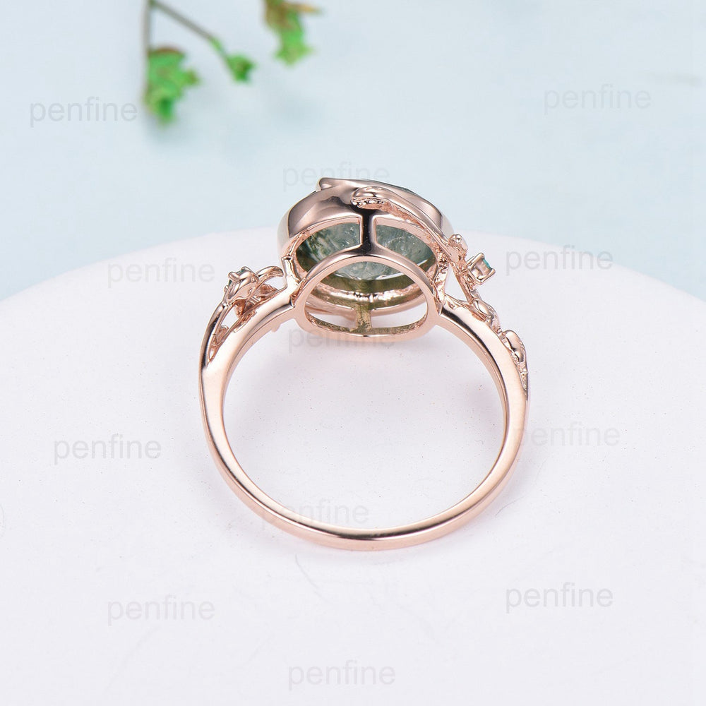 Elegant 10mm Round Cut Moss Agate Ring Nature Inspired Leaf Green Agate Engagement Ring 14K Rose Gold Wedding Ring for Women - PENFINE