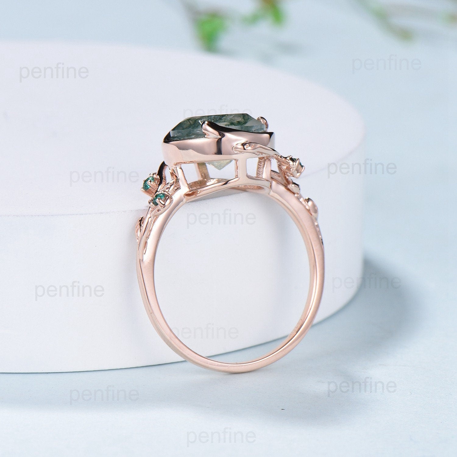 Vintage Hexagon cut moss agate engagement ring nature inspired alexandrite ring women leaf emerald good ring rose gold branch wedding ring gift