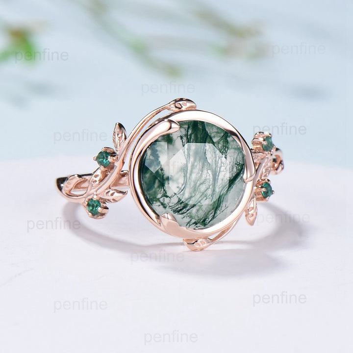 Elegant 10mm Round Cut Moss Agate Ring Nature Inspired Leaf Green Agate Engagement Ring 14K Rose Gold Wedding Ring for Women - PENFINE