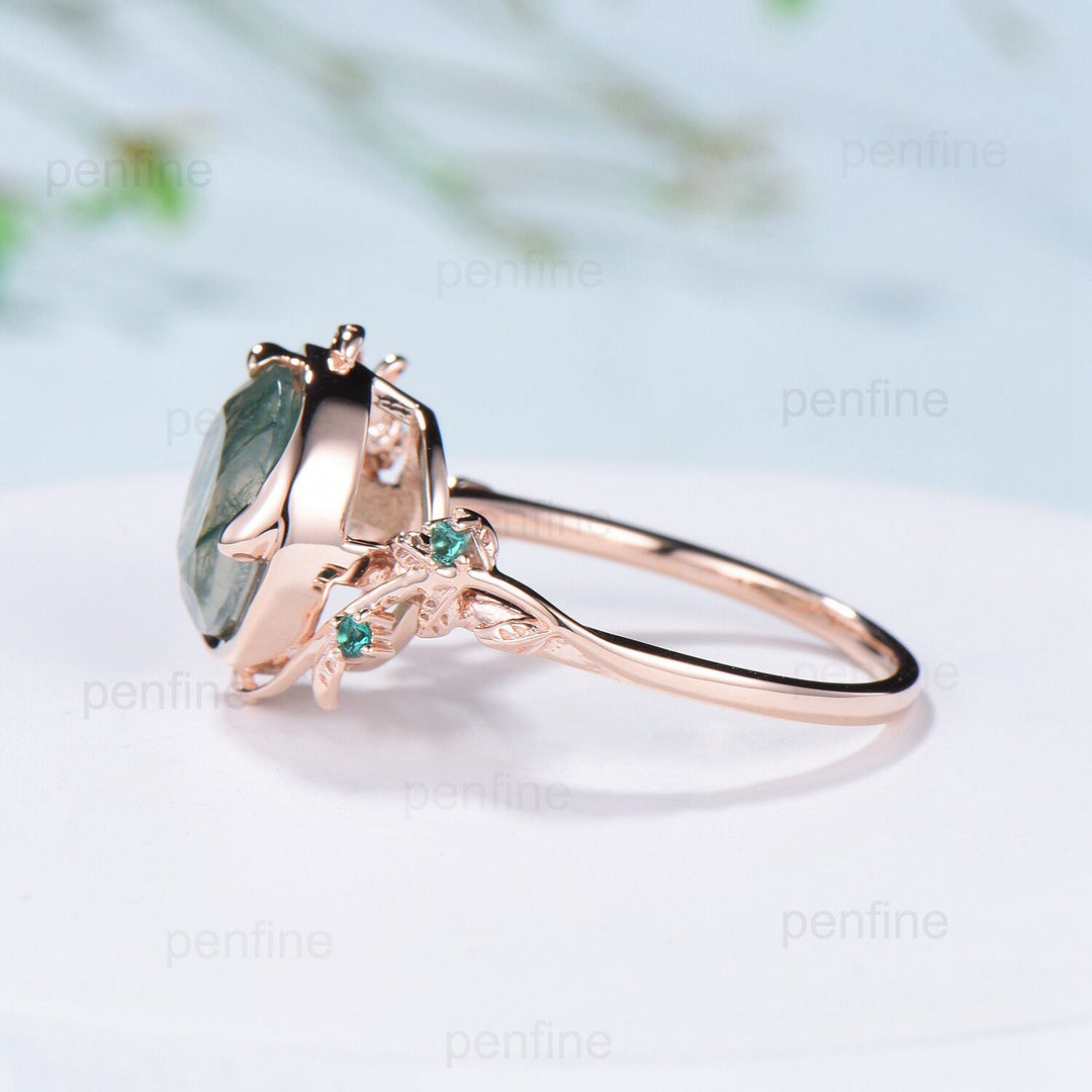 Elegant 10mm Round Cut Moss Agate Ring Nature Inspired Leaf Green Agate Engagement Ring 14K Rose Gold Wedding Ring for Women - PENFINE