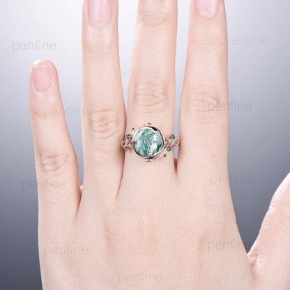 Elegant 10mm Round Cut Moss Agate Ring Nature Inspired Leaf Green Agate Engagement Ring 14K Rose Gold Wedding Ring for Women - PENFINE