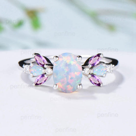 Unique Oval Opal Engagement Rings Multi-Stone Rings Marquise Cut Amethyst Wedding Ring Pear Opal Anniversary Ring Vintage Rose Gold Ring