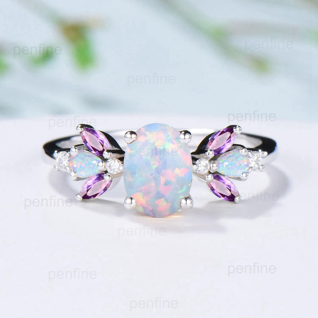 Unique Oval Opal Engagement Rings Multi-Stone Rings Marquise Cut Amethyst Wedding Ring Pear Opal Anniversary Ring Vintage Rose Gold Ring - PENFINE