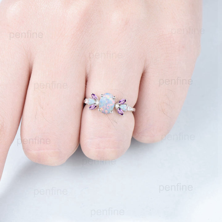 Unique Oval Opal Engagement Rings Multi-Stone Rings Marquise Cut Amethyst Wedding Ring Pear Opal Anniversary Ring Vintage Rose Gold Ring - PENFINE