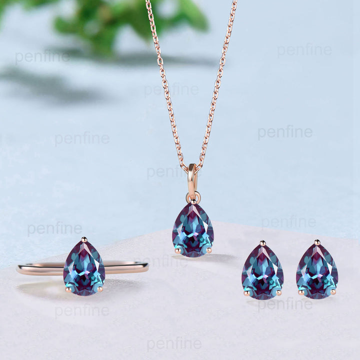 Dainty alexandrite wedding set solitaire simple engagement ring rose gold minimalist June birthstone pendant necklace Alexandrite earrings - PENFINE