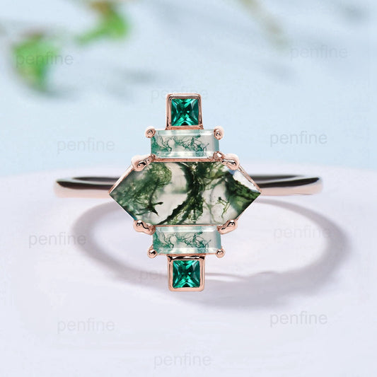 Long Hexagon cut moss agate ring east to west green Agate engagement ring baguette agate emerald wedding ring art deco promise ring women - PENFINE