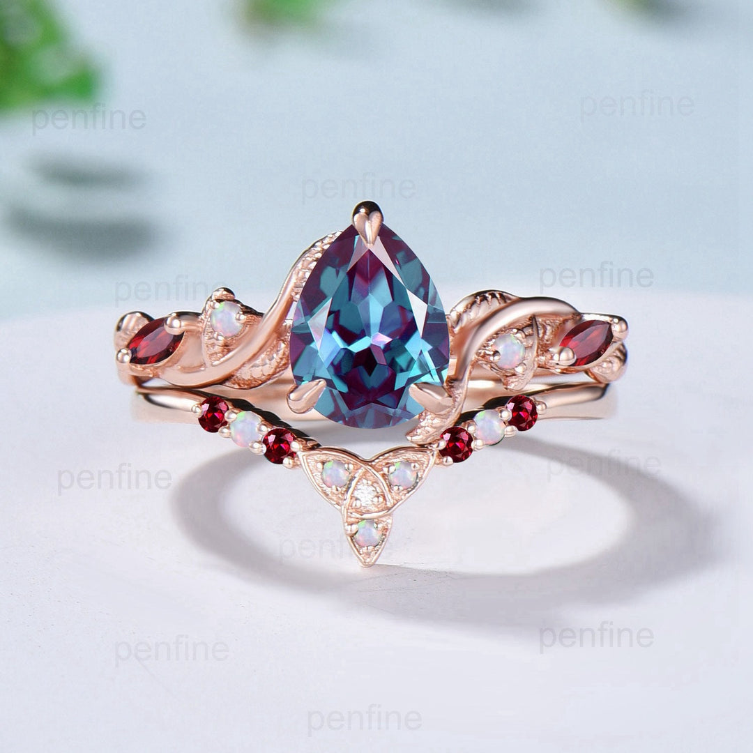 Vintage Pear Shaped Alexandrite Engagement Ring Set Nature Inspired Opal Ruby Wedding Ring Set Unique Celtic Norse Viking Bridal Ring Set - PENFINE