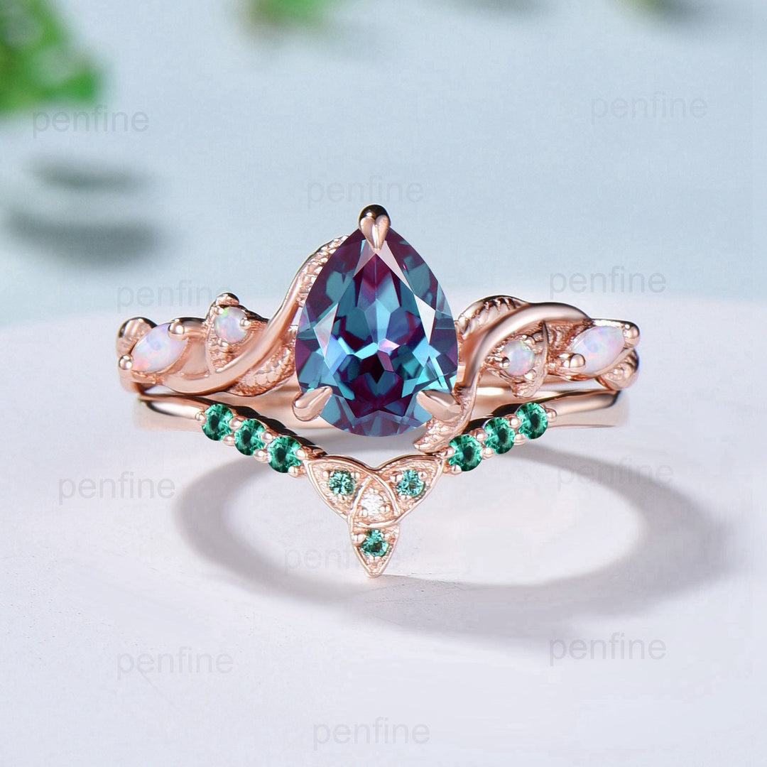 Unique Alexandrite Engagement Ring Set Infinity Opal Emerald Celtic Norse Viking Bridal Ring Set Art Deco Color Change Anniversary Ring - PENFINE