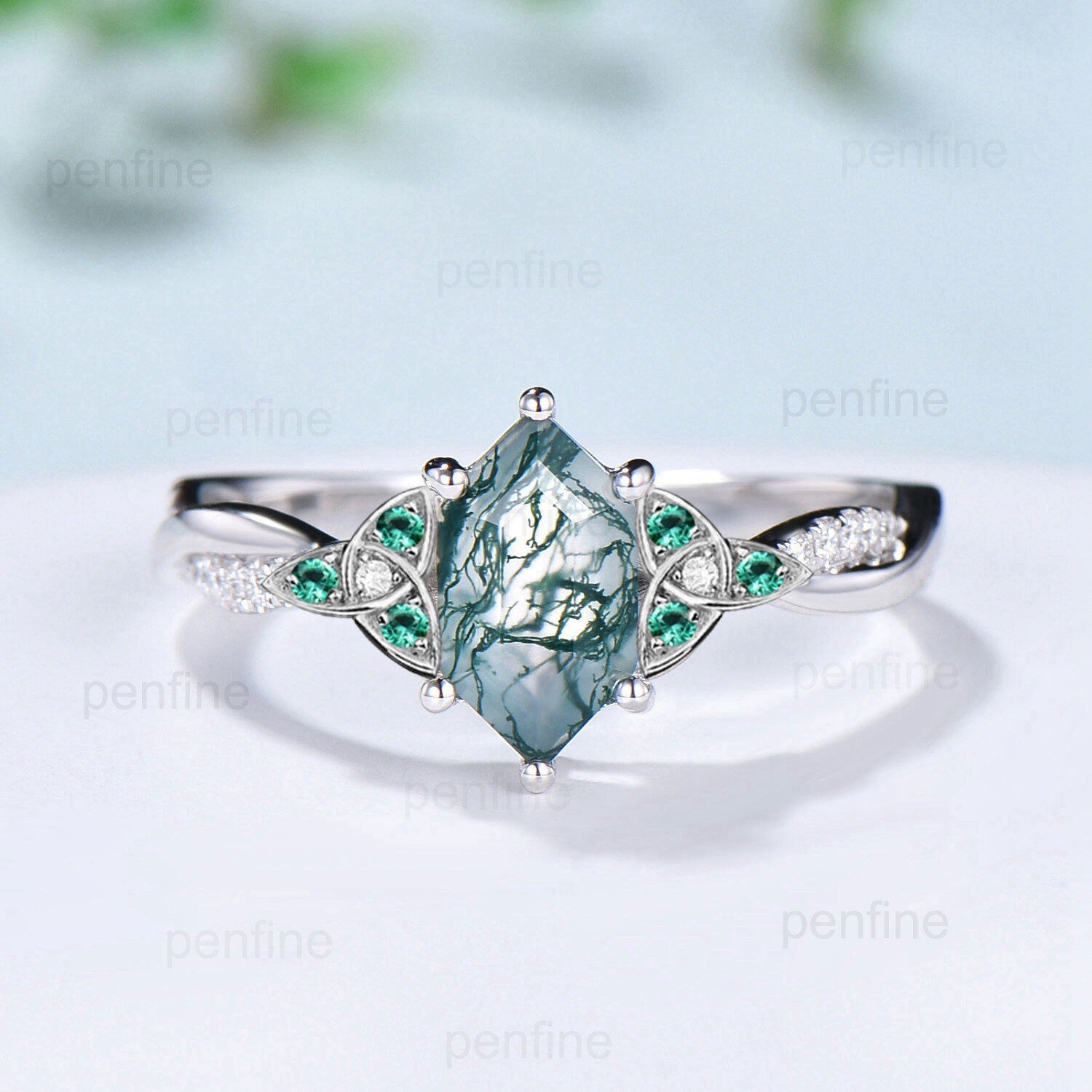 Solid White Gold Long Hexagon Moss agate Ring Set Celtic Knot Infinity Aquatic Agate Engagement Ring Set Delicate Emerald Band Bridal Sets - PENFINE