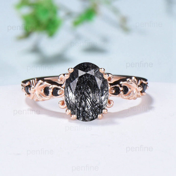 Unique oval cut black rutilated quartz ring Vintage celtic rutilated quartz Engagement Ring 8 prongs wedding ring handmade anniversary gift - PENFINE