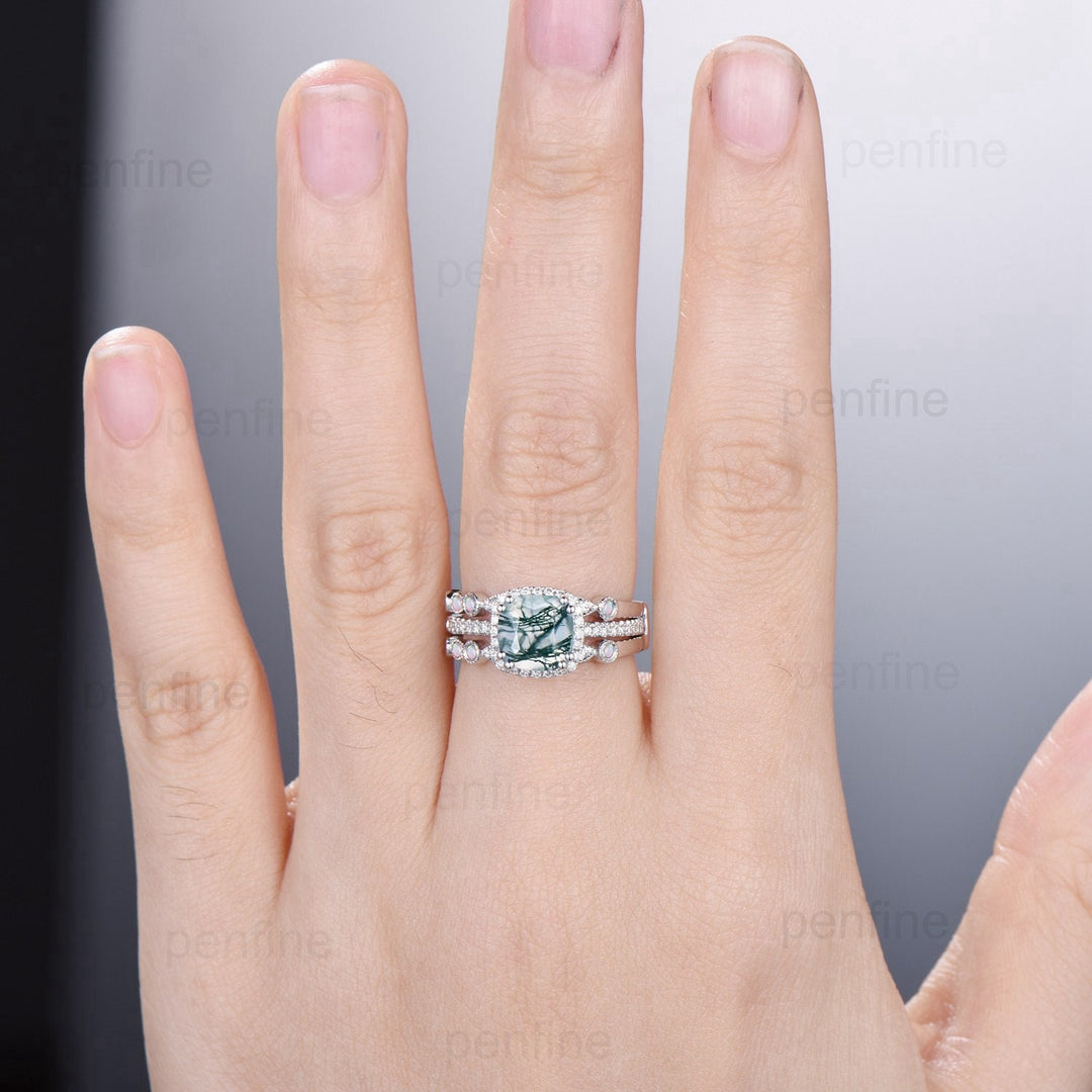 Vintage cushion cut moss agate wedding ring set 14k/18k white gold retro halo diamond agate engagement ring Double enhancer opal bridal set - PENFINE