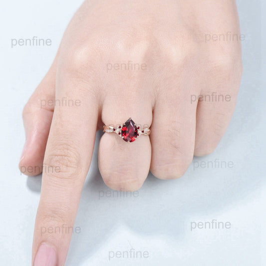 Vintage ruby ring 6x9mm Pear cut lab red ruby engagement ring Norse Viking infinity moissanite wedding ring Twig handmade anniversary gift - PENFINE