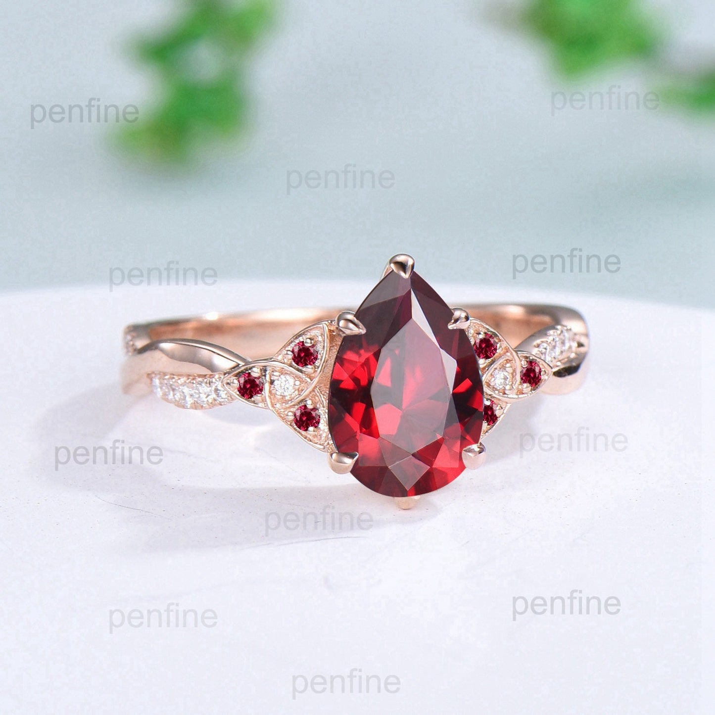 Vintage ruby ring 6x9mm Pear cut lab red ruby engagement ring Norse Viking infinity moissanite wedding ring Twig handmade anniversary gift - PENFINE