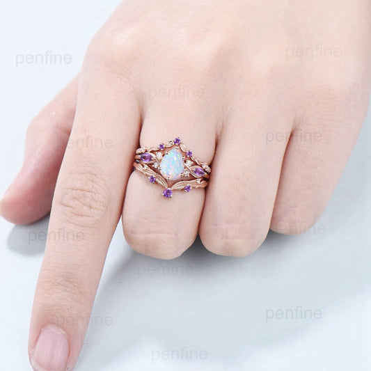 Vintage Pear Opal Engagement Ring Set Seven Stone Fire Opal Amethyst Wedding Set Art Deco Leaf Vine Emerald Stacking Handmade Bridal Set - PENFINE