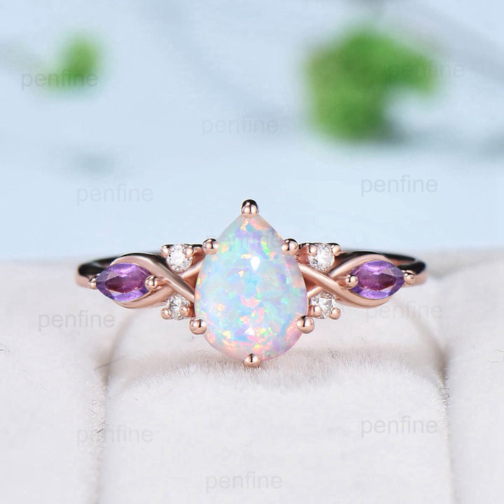 Vintage Pear Opal Engagement Ring Set Seven Stone Fire Opal Amethyst Wedding Set Art Deco Leaf Vine  Emerald Stacking Handmade Bridal Set - PENFINE