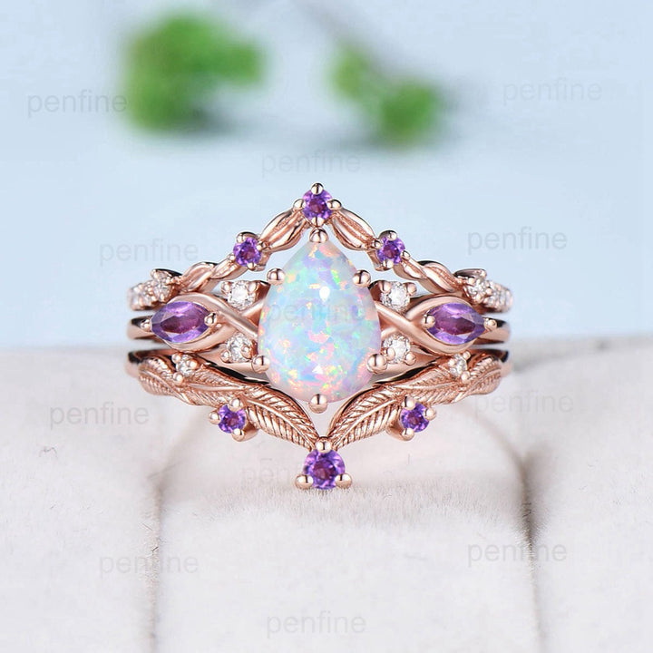 Vintage Pear Opal Engagement Ring Set Seven Stone Fire Opal Amethyst Wedding Set Art Deco Leaf Vine  Emerald Stacking Handmade Bridal Set - PENFINE