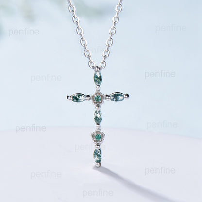 Cross Pendant Necklace Moss Agate Flower Emerald Necklace Aquatic Agate Retro Vintage Agate Pendant White Gold Anniversary gift for women - PENFINE