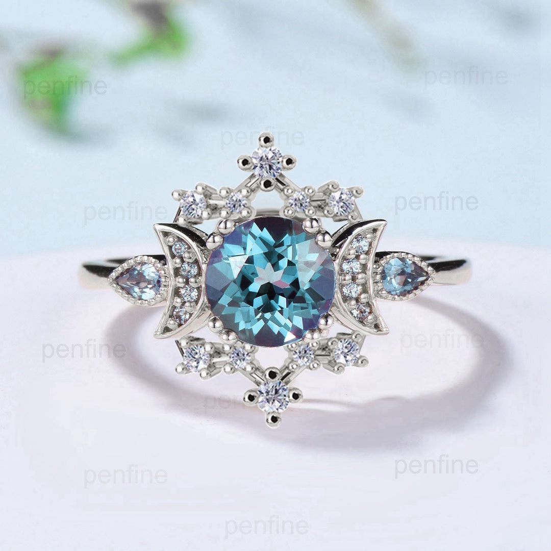 Unique Alexandrite Engagement Ring Fancy Crescent Moon Color Change Wedding Ring Women Galaxy Star Art Deco Anniversary Ring Gift for Women - PENFINE