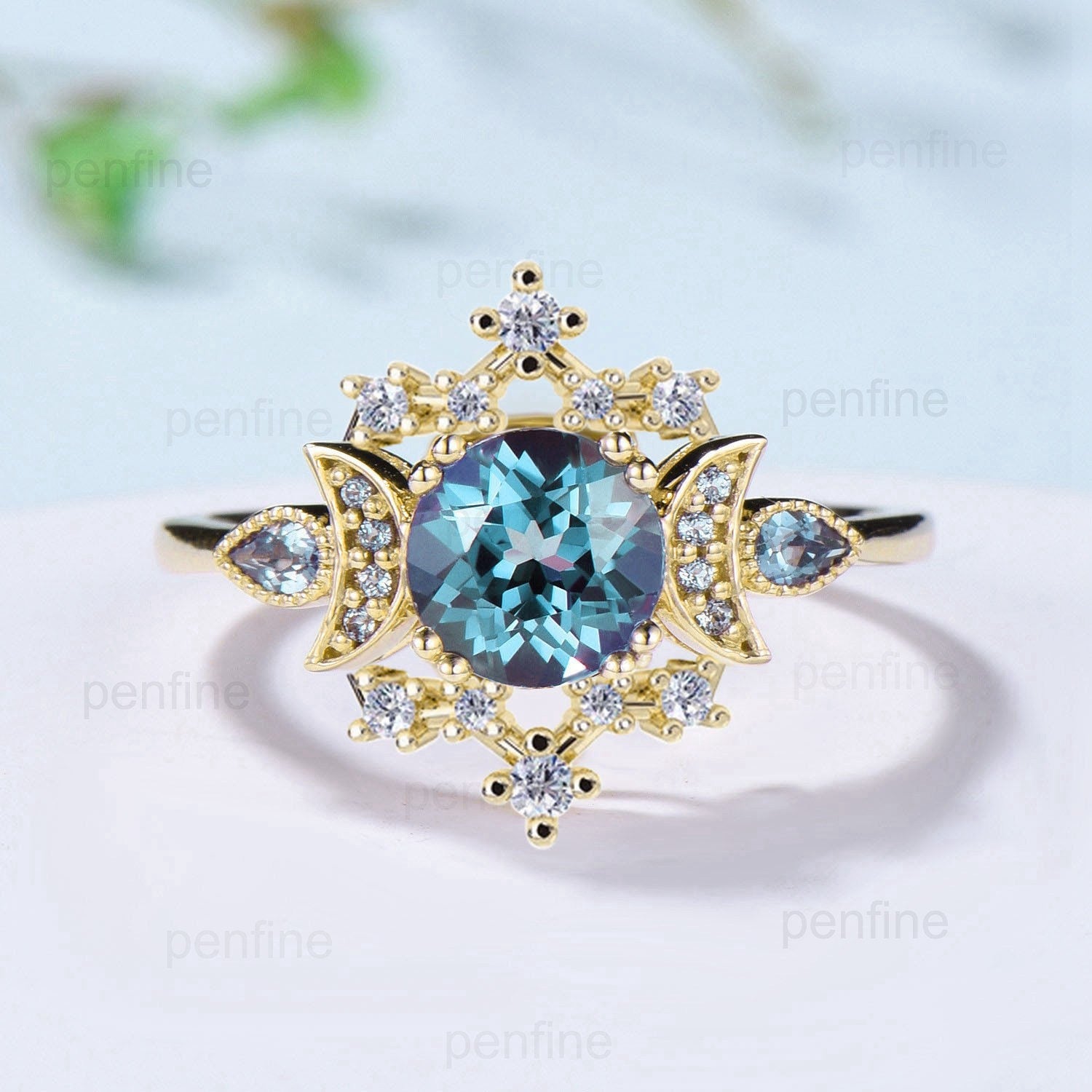 Unique Alexandrite Engagement Ring Fancy Crescent Moon Color Change Wedding Ring Women Galaxy Star Art Deco Anniversary Ring Gift for Women - PENFINE