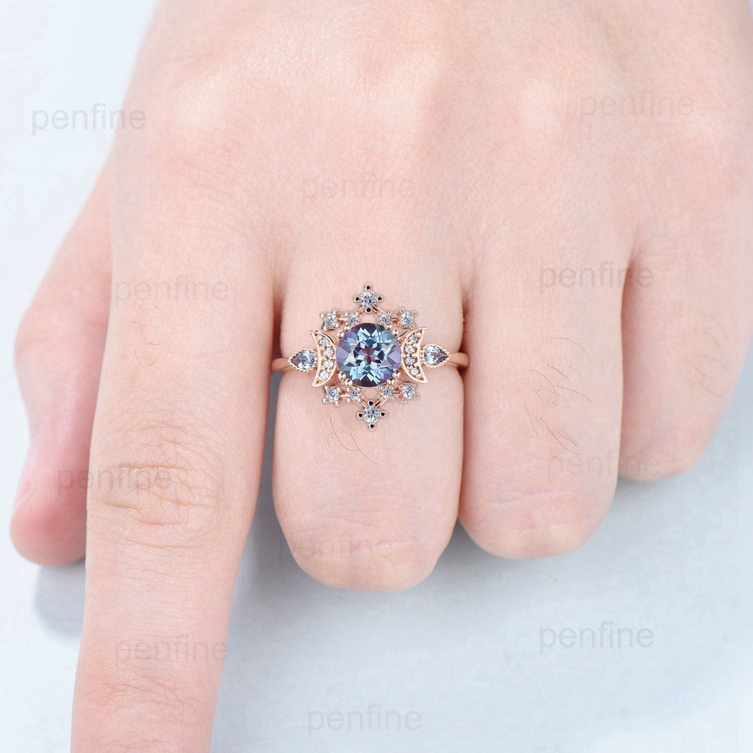 Unique Alexandrite Engagement Ring Fancy Crescent Moon Color Change Wedding Ring Women Galaxy Star Art Deco Anniversary Ring Gift for Women - PENFINE