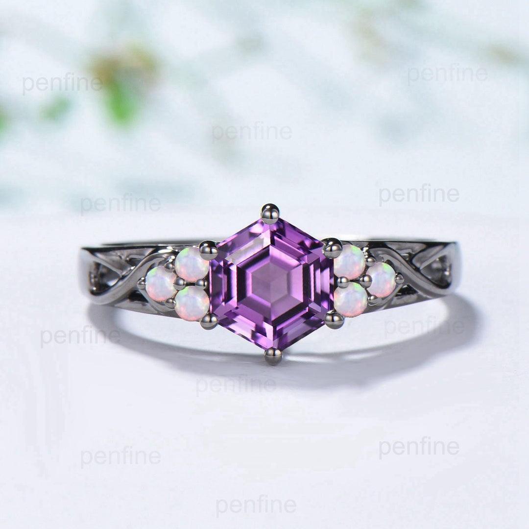 Vintage Hexagon Amethyst Engagement Ring Black Gold Solid 14K/18K Gold Unique Infinity Ring Cluster Opal Wedding Ring Anniversary gift - PENFINE