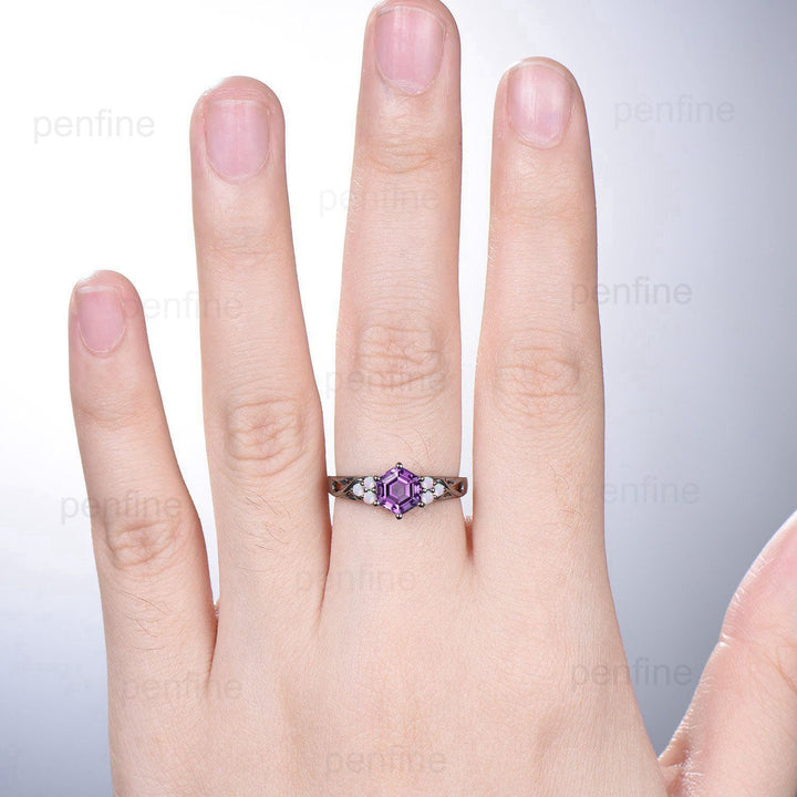 Vintage Hexagon Amethyst Engagement Ring Black Gold Solid 14K/18K Gold Unique Infinity Ring Cluster Opal Wedding Ring Anniversary gift - PENFINE