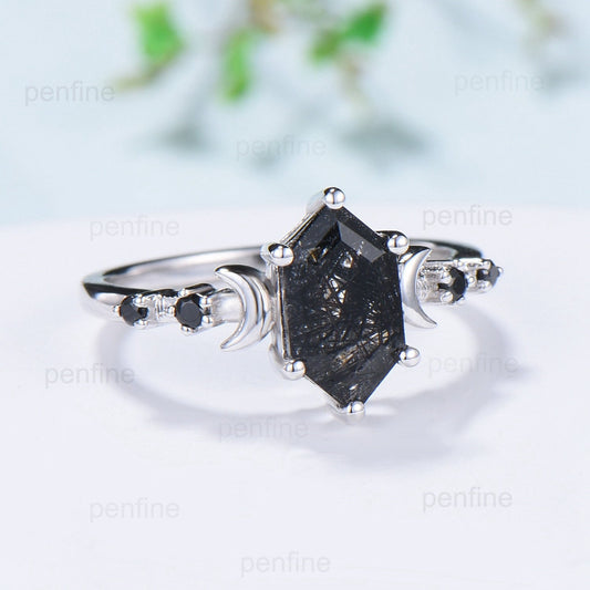 Crescent Moon Black Rutilated Quartz Engagement Ring Set Unique Long Hexagon Black Crystal Wedding Ring Spinel Stacking Anniversary Ring - PENFINE