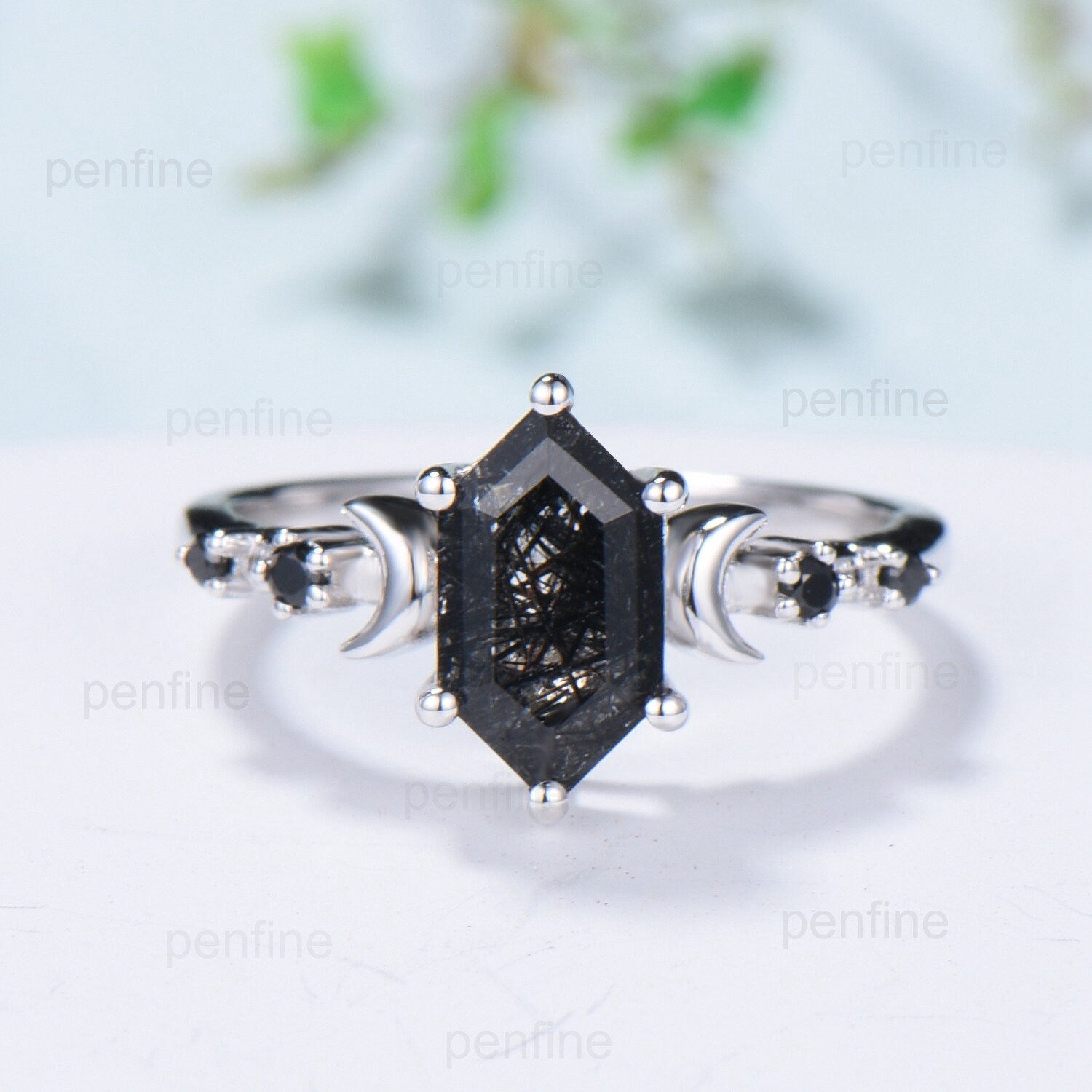 Crescent Moon Black Rutilated Quartz Engagement Ring Set Unique Long Hexagon Black Crystal Wedding Ring  Spinel Stacking Anniversary Ring - PENFINE