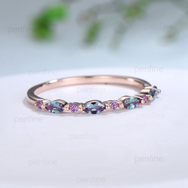 Alexandrite Amethyst Wedding Band Vintage Alexandrite Stacking Ring Women Rose Gold Art Deco Purple Crystal Matching Band Anniversary Gift - PENFINE