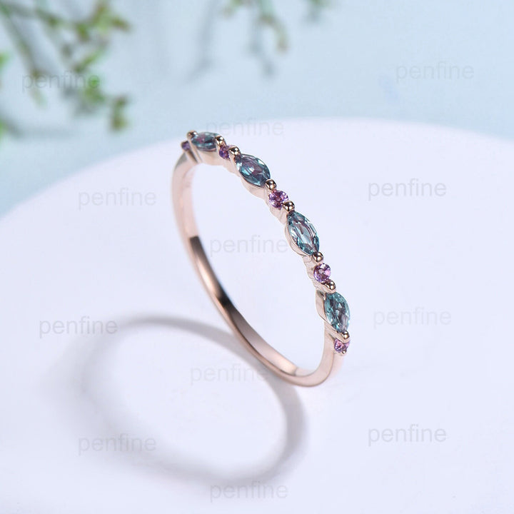 Alexandrite Amethyst Wedding Band Vintage Alexandrite Stacking Ring Women Rose Gold Art Deco Purple Crystal Matching Band Anniversary Gift - PENFINE