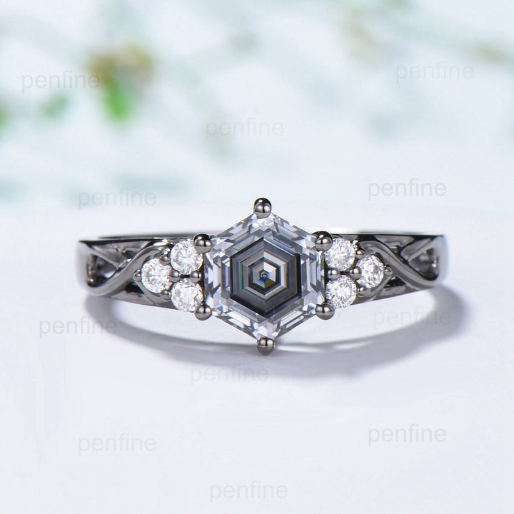 Vintage Gray Moissanite Engagement Ring White Gold Black Gold Unique Alternative Infinity Ring Cluster Diamond Wedding Ring Anniversary gift - PENFINE