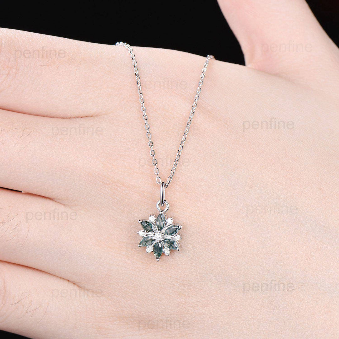 Vintage Snowflake Moss Agate Pendant Necklace Unique Retro Marquise Agate Necklace Floral Flower Pendant Natural Pendant Christmas gift - PENFINE