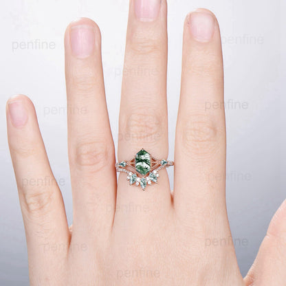 Vintage Green Agate Ring set Retro 5X9mm long hexagon Moss Agate engagement ring set marquise kite agate wedding ring stacking bridal set - PENFINE