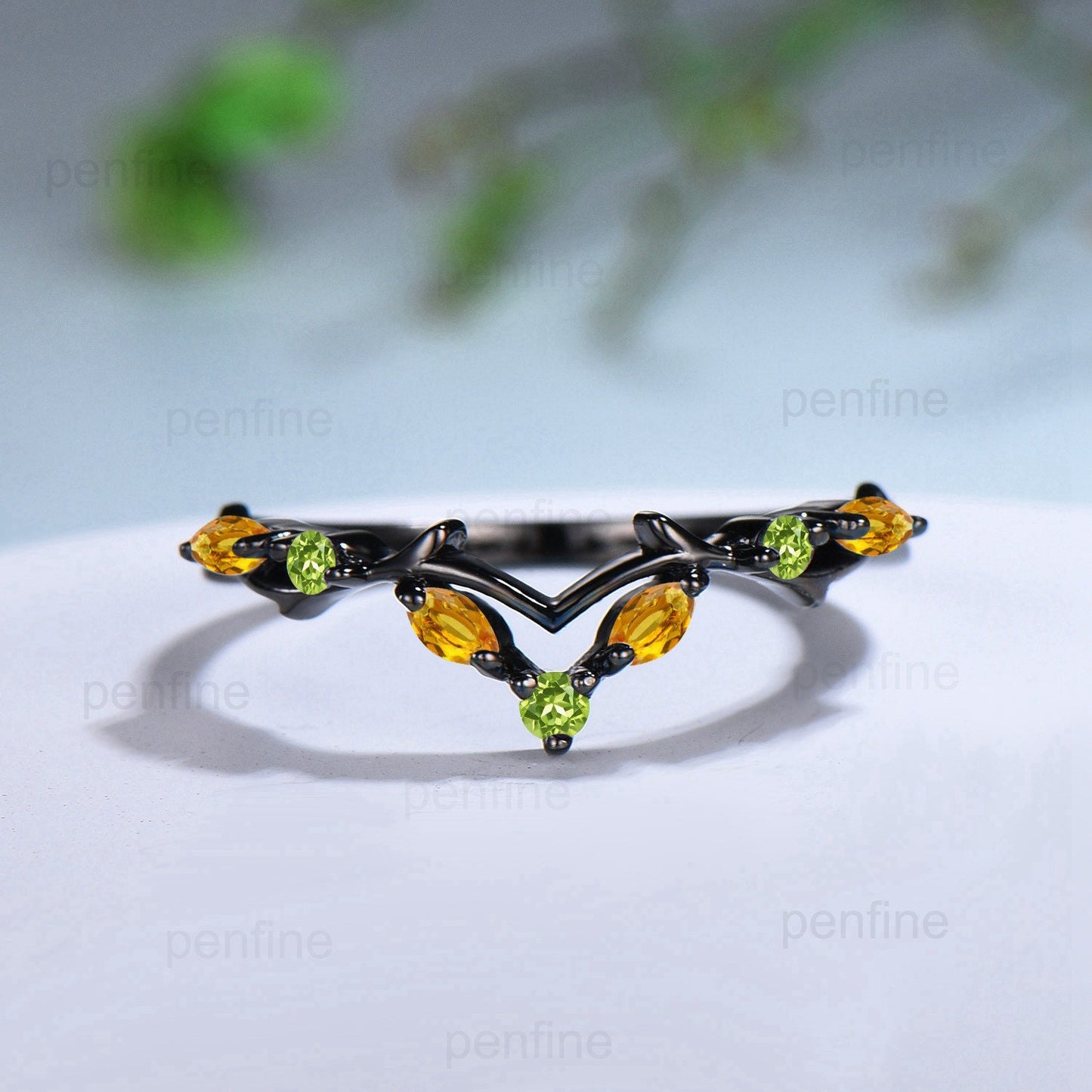 Art Deco Black Gold Citrine Wedding Ring Unique Marquise Citrine Peridot Stackable Matching Band Handmade Proposal Gifts for Women - PENFINE