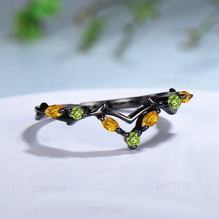 Art Deco Black Gold Citrine Wedding Ring Unique Marquise Citrine Peridot Stackable Matching Band Handmade Proposal Gifts for Women - PENFINE