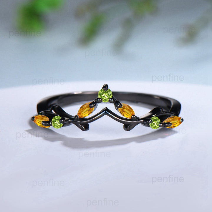 Art Deco Black Gold Citrine Wedding Ring Unique Marquise Citrine Peridot Stackable Matching Band Handmade Proposal Gifts for Women - PENFINE