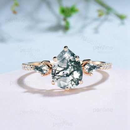 Vintage Pear Shaped Moss Agate Engagement Ring Set Kite Green Agate Opal Wedding Set Cute Opal Stacking Band Unique Bridal Set For Women - PENFINE