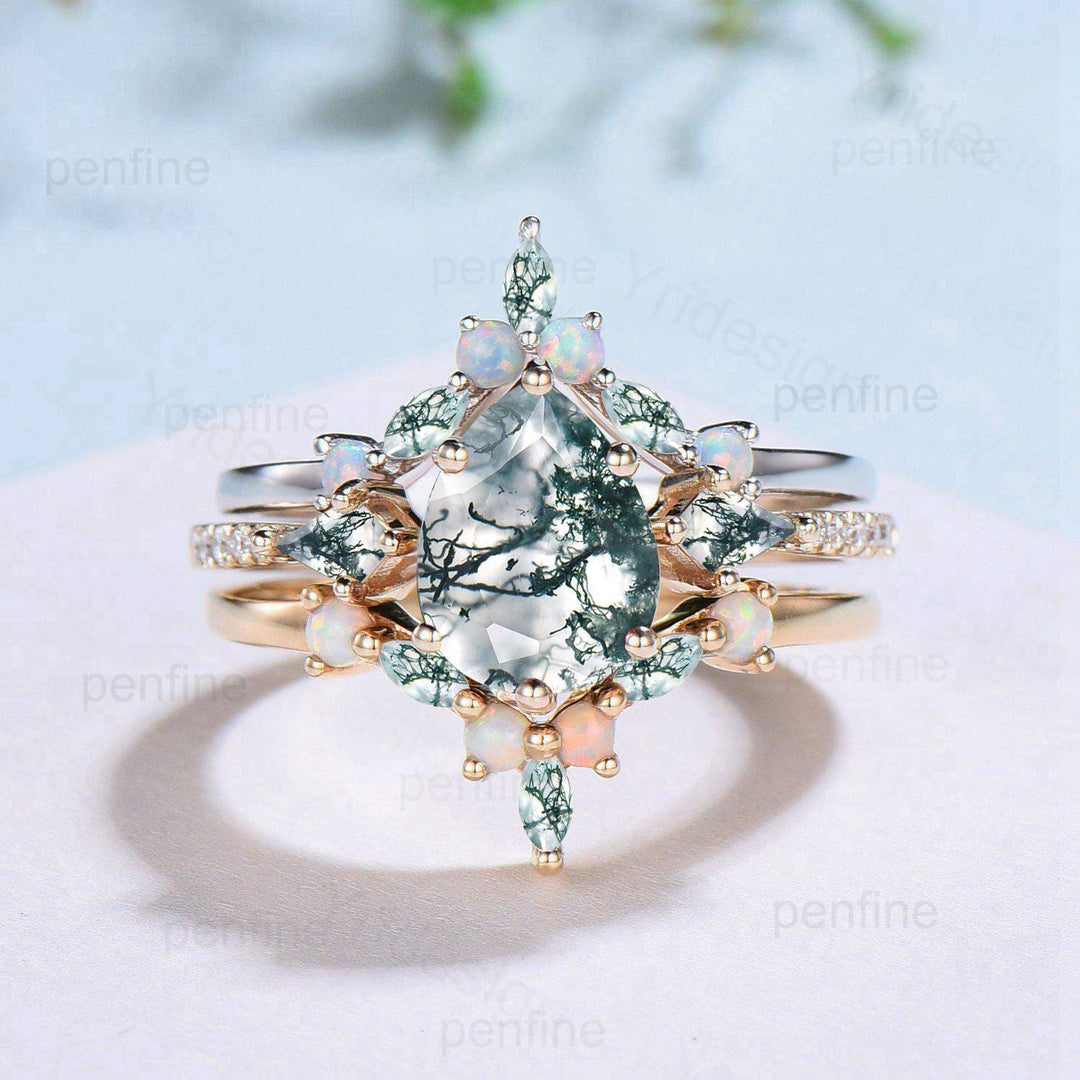 Vintage Pear Shaped Moss Agate Engagement Ring Set Kite Green Agate Opal Wedding Set Cute Opal Stacking Band Unique Bridal Set For Women - PENFINE