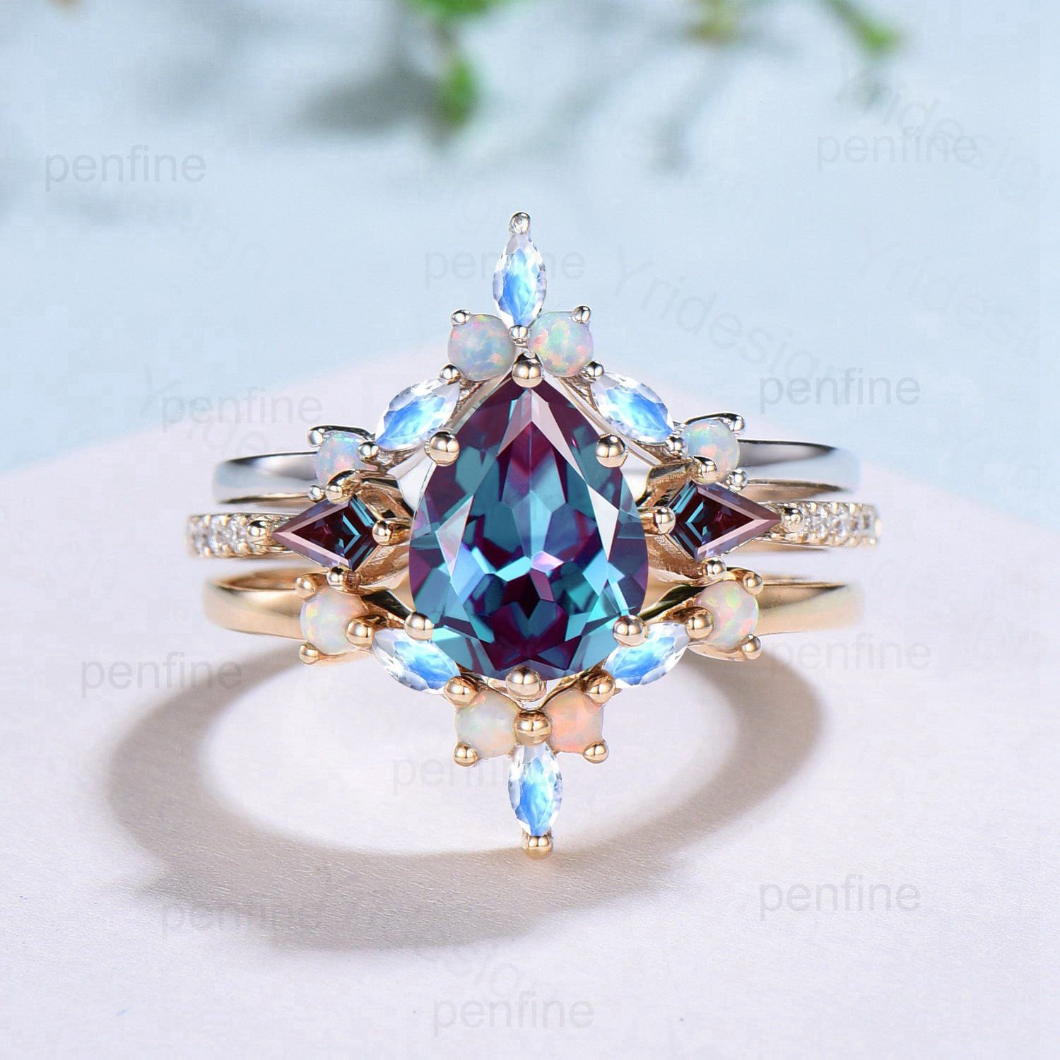 Vintage Pear Shaped Alexandrite Engagement Ring Set Retro Opal Moonsto ...