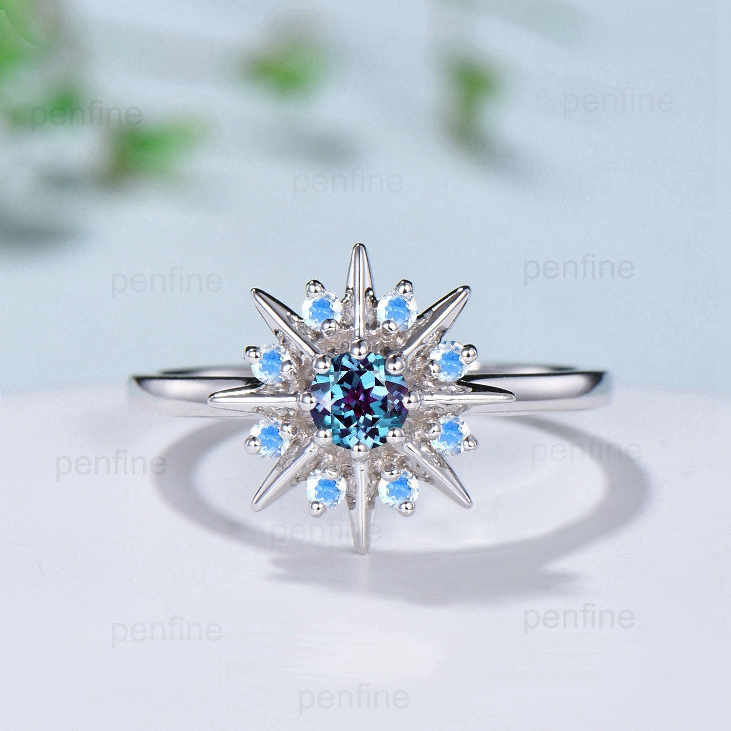 Vintage Galaxy Star Alexandrite Engagement Ring Sunflower White Gold Art Deco Moonstone Stacking Promise Ring Handmade Proposal Gifts Women - PENFINE
