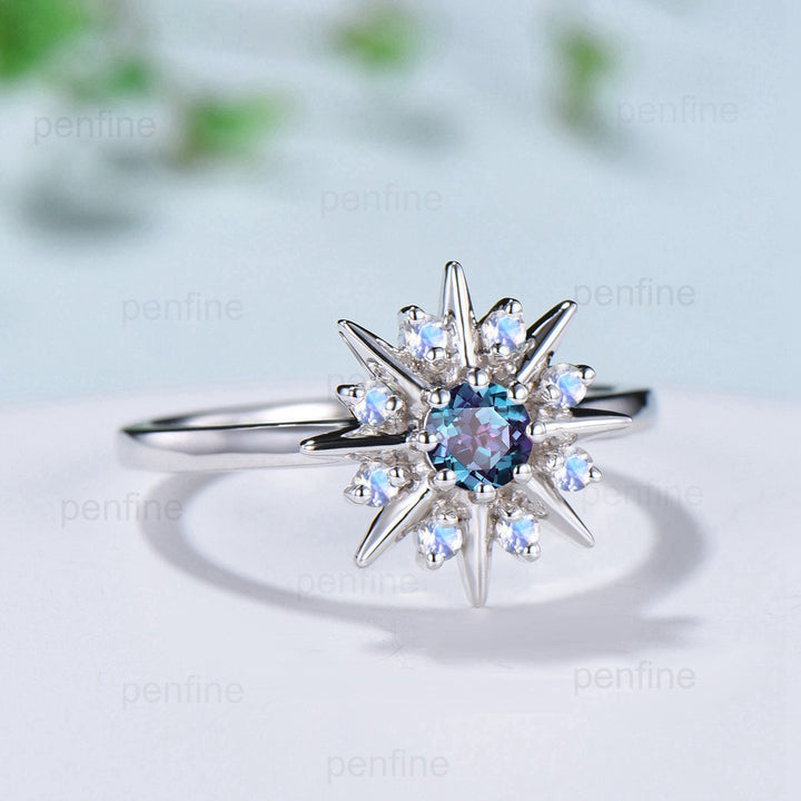 Vintage Galaxy Star Alexandrite Engagement Ring Sunflower White Gold Art Deco Moonstone Stacking Promise Ring Handmade Proposal Gifts Women - PENFINE