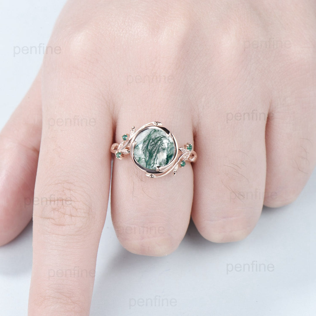 Elegant 10mm Round Cut Moss Agate Ring Nature Inspired Leaf Green Agate Engagement Ring 14K Rose Gold Wedding Ring for Women - PENFINE