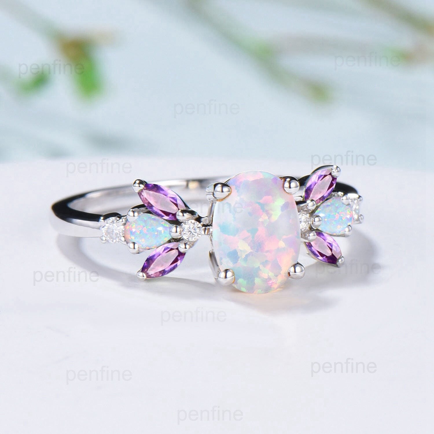 Unique Oval Opal Engagement Rings Multi-Stone Rings Marquise Cut Amethyst Wedding Ring Pear Opal Anniversary Ring Vintage Rose Gold Ring - PENFINE