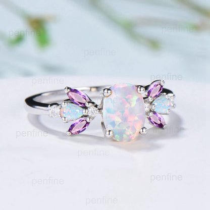 Unique Oval Opal Engagement Rings Multi-Stone Rings Marquise Cut Amethyst Wedding Ring Pear Opal Anniversary Ring Vintage Rose Gold Ring - PENFINE