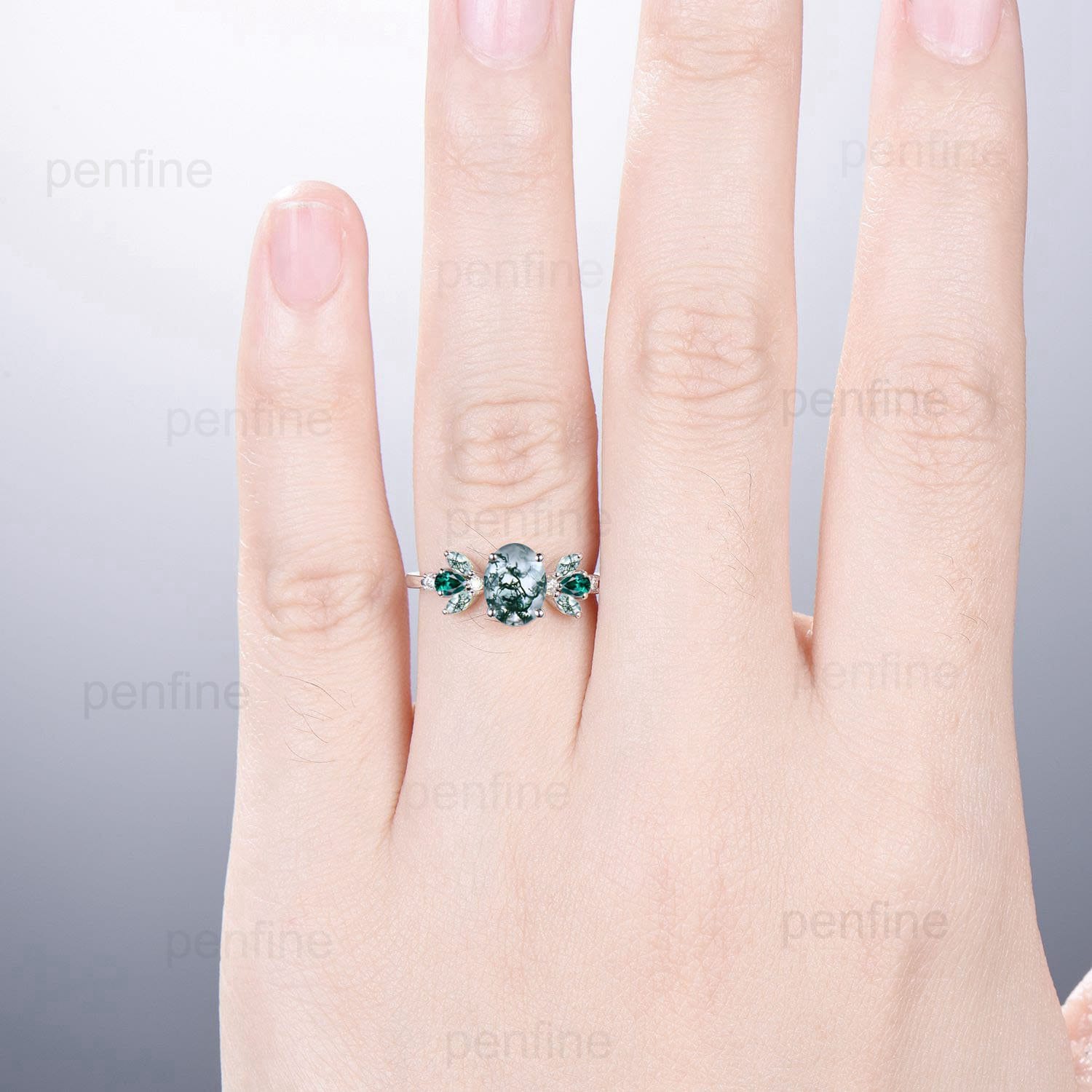 Unique Oval Moss Agate Engagement Rings Multi-Stone Rings Marquise Cut  Aquatic Agate Wedding Ring Emerald Anniversary Ring Vintage Jewelry - PENFINE