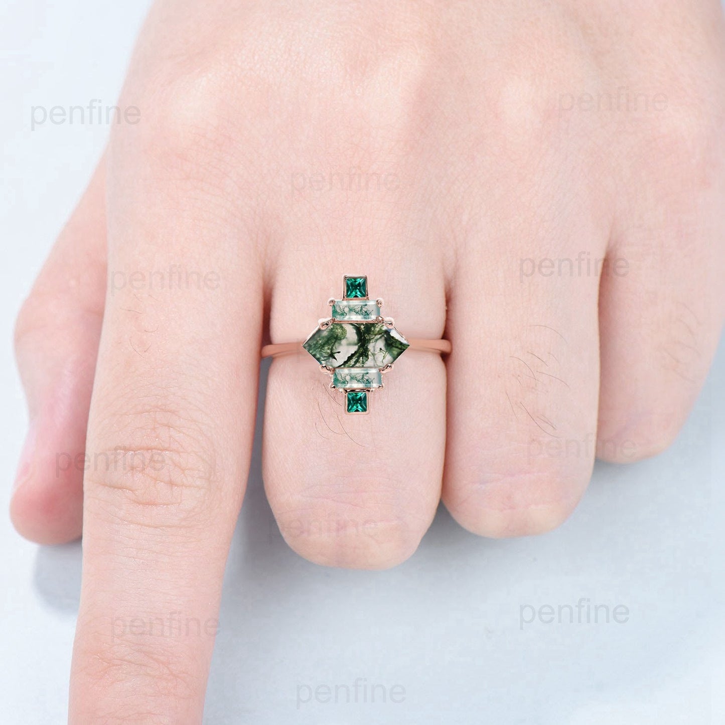 Long Hexagon cut moss agate ring east to west green Agate engagement ring baguette agate emerald wedding ring art deco promise ring women - PENFINE