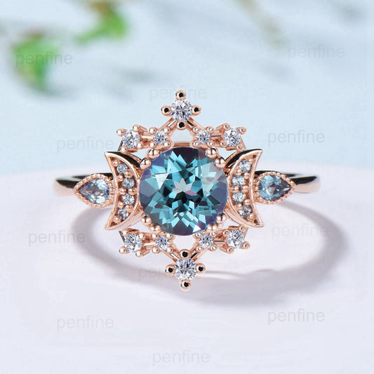 Unique Alexandrite Engagement Ring Fancy Crescent Moon Color Change Wedding Ring Women Galaxy Star Art Deco Anniversary Ring Gift for Women