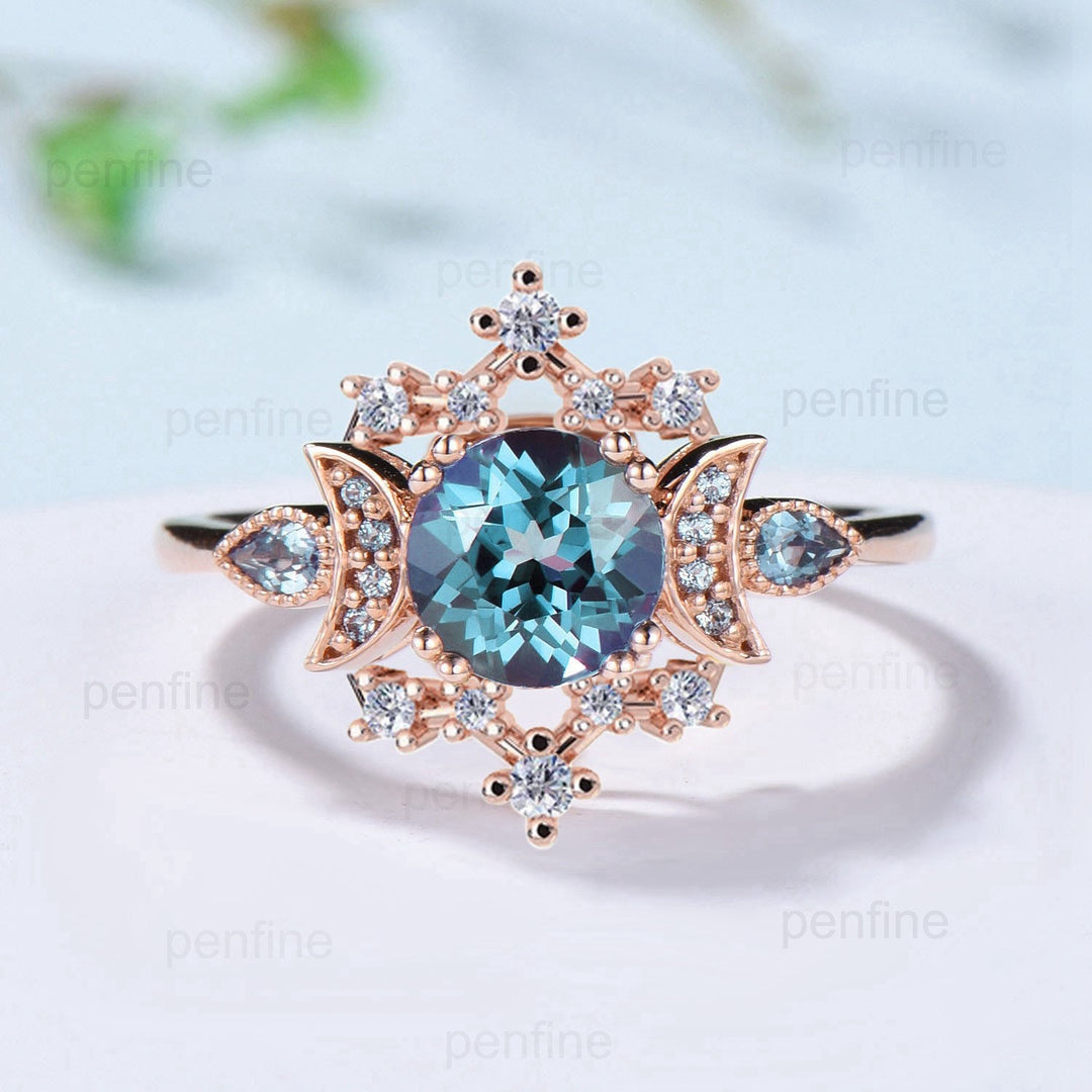 Unique Alexandrite Engagement Ring Fancy Crescent Moon Color Change Wedding Ring Women Galaxy Star Art Deco Anniversary Ring Gift for Women - PENFINE